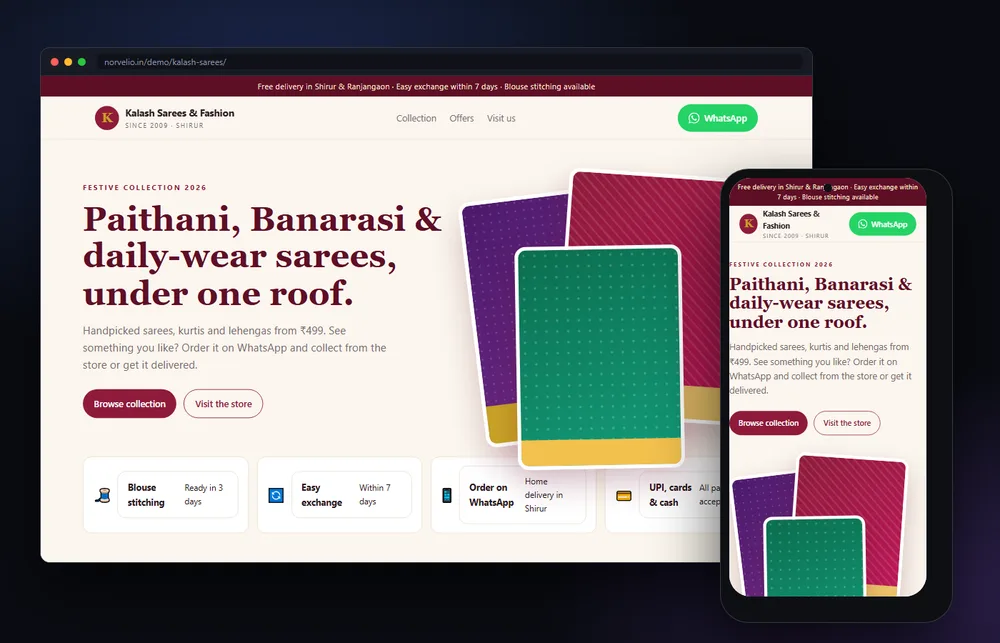 Kalash Sarees & Fashion — Clothing store website shown on desktop and mobile