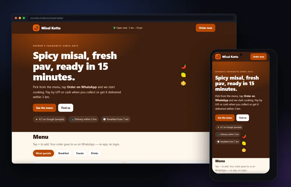 Misal Katta — Restaurant ordering website shown on desktop and mobile