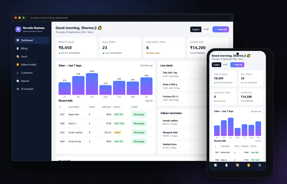 Norvelio Business — shop dashboard — Business software (product preview) shown on desktop and mobile