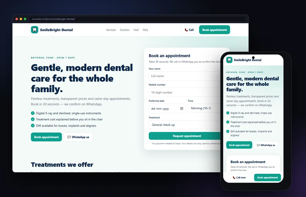 SmileBright Dental Clinic — Clinic website shown on desktop and mobile