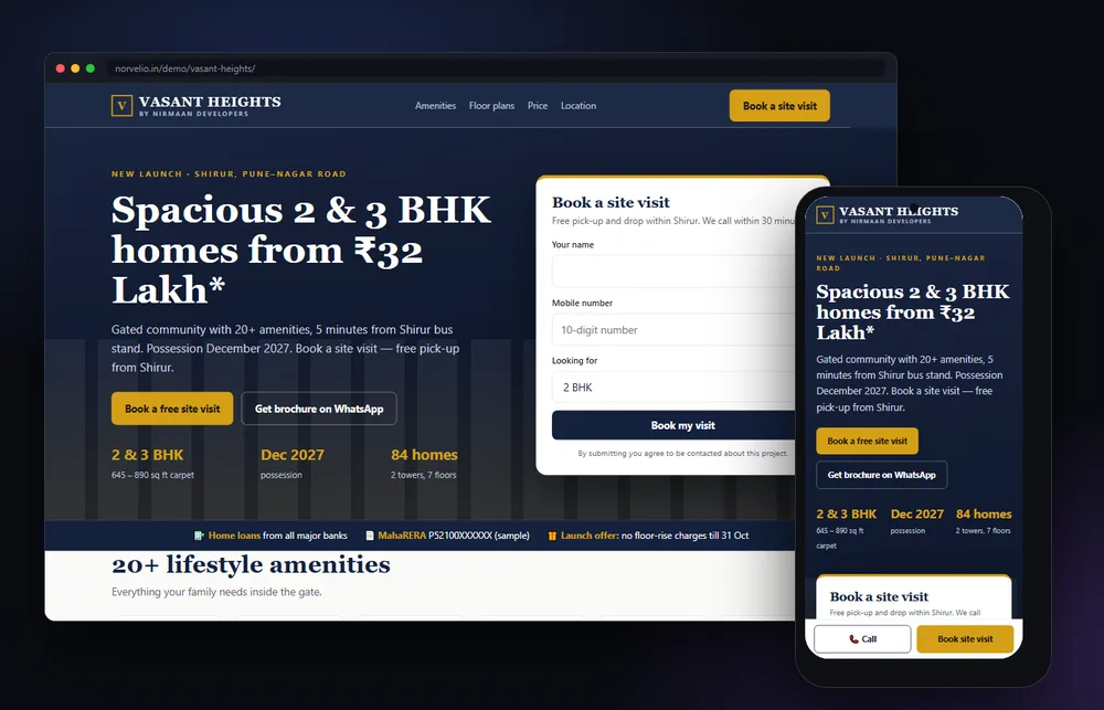 Vasant Heights — Real-estate landing page shown on desktop and mobile